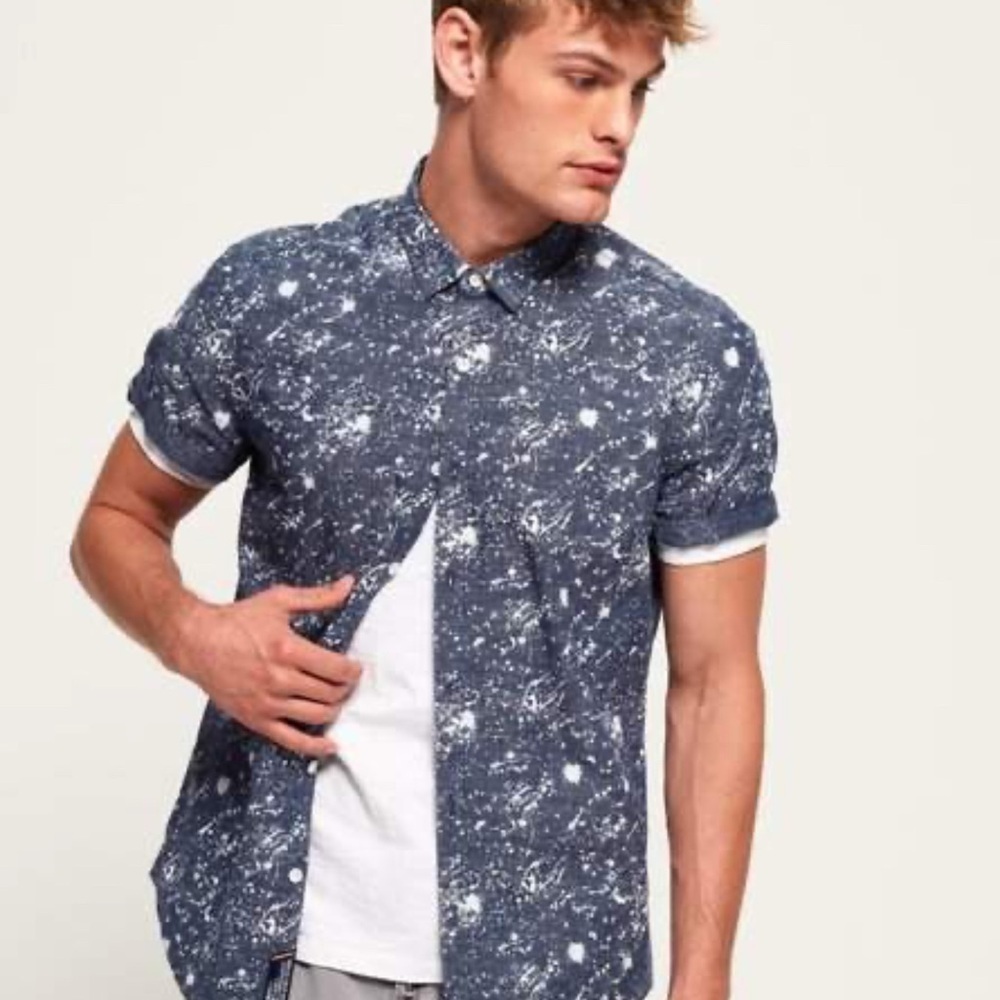 Superdry NWT Men’s Poolside Trendy French Blue Splatter Print Button Down Shirt